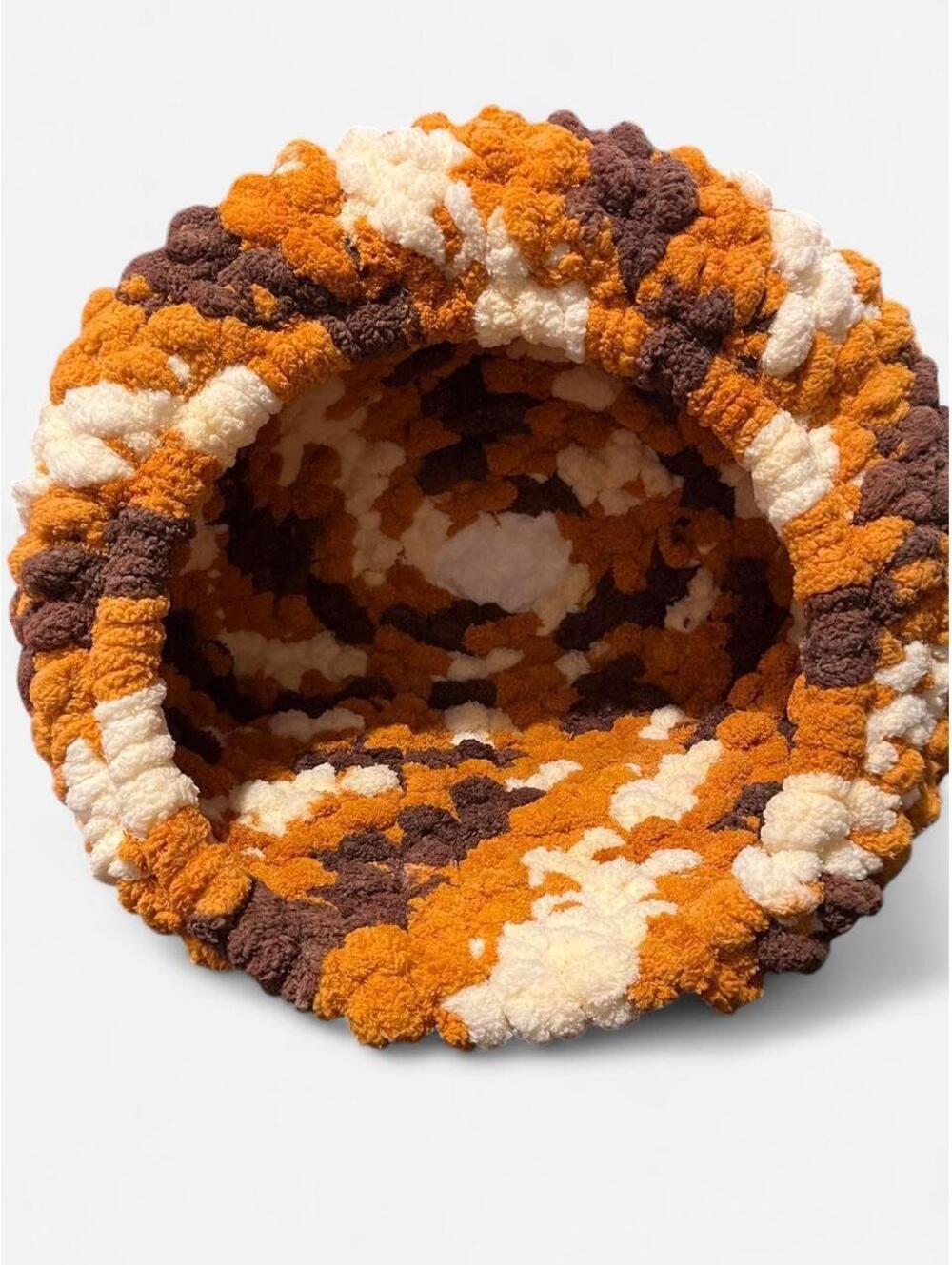Pet Cave / Bed made of Chunky Orange, Brown, & Cream yarn – pets up to 15lbs!